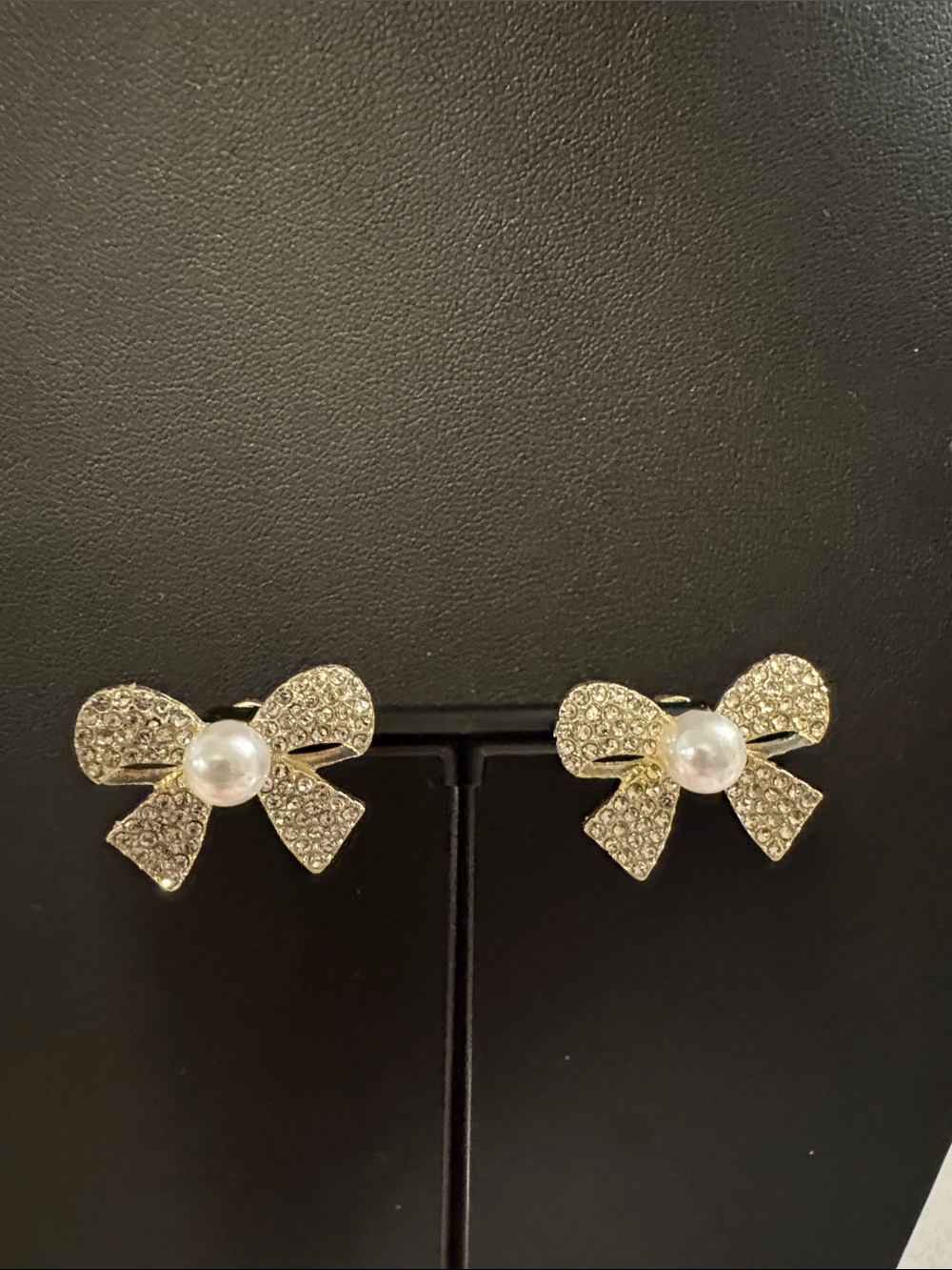 NWT Bow Pearl Crystal Stud Earrings - Gold Tone